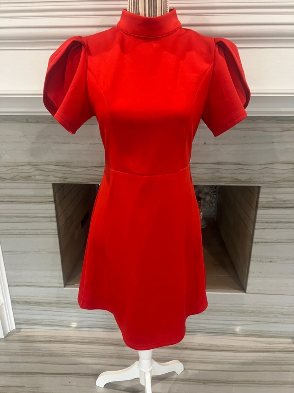Red Puff-Sleeve Fit & Flare Dress